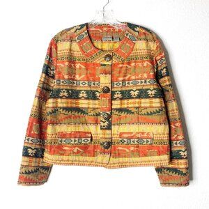 Chicos Womens Size 1 Aztec Print Jacket Silk Blend Long Sleeve Jacket Round Neck